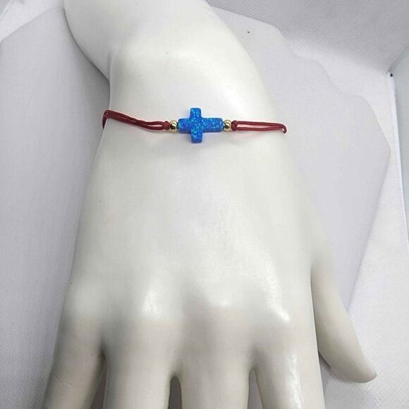 Divine Fire Blue Opal Cross Design on Adjustable Bracelet - Picture 1 of 3